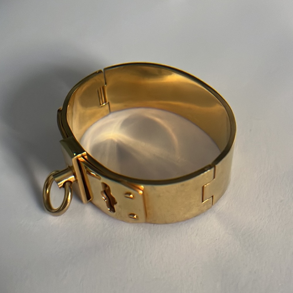 -Gold Tone Ring Hinged Clamper Statement Bracelet - image 3